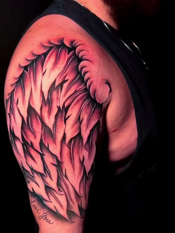 Feathered shoulder cap, tattooed by Jordan
