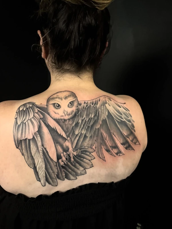 Owl across the upper back, tattooed by Tevin